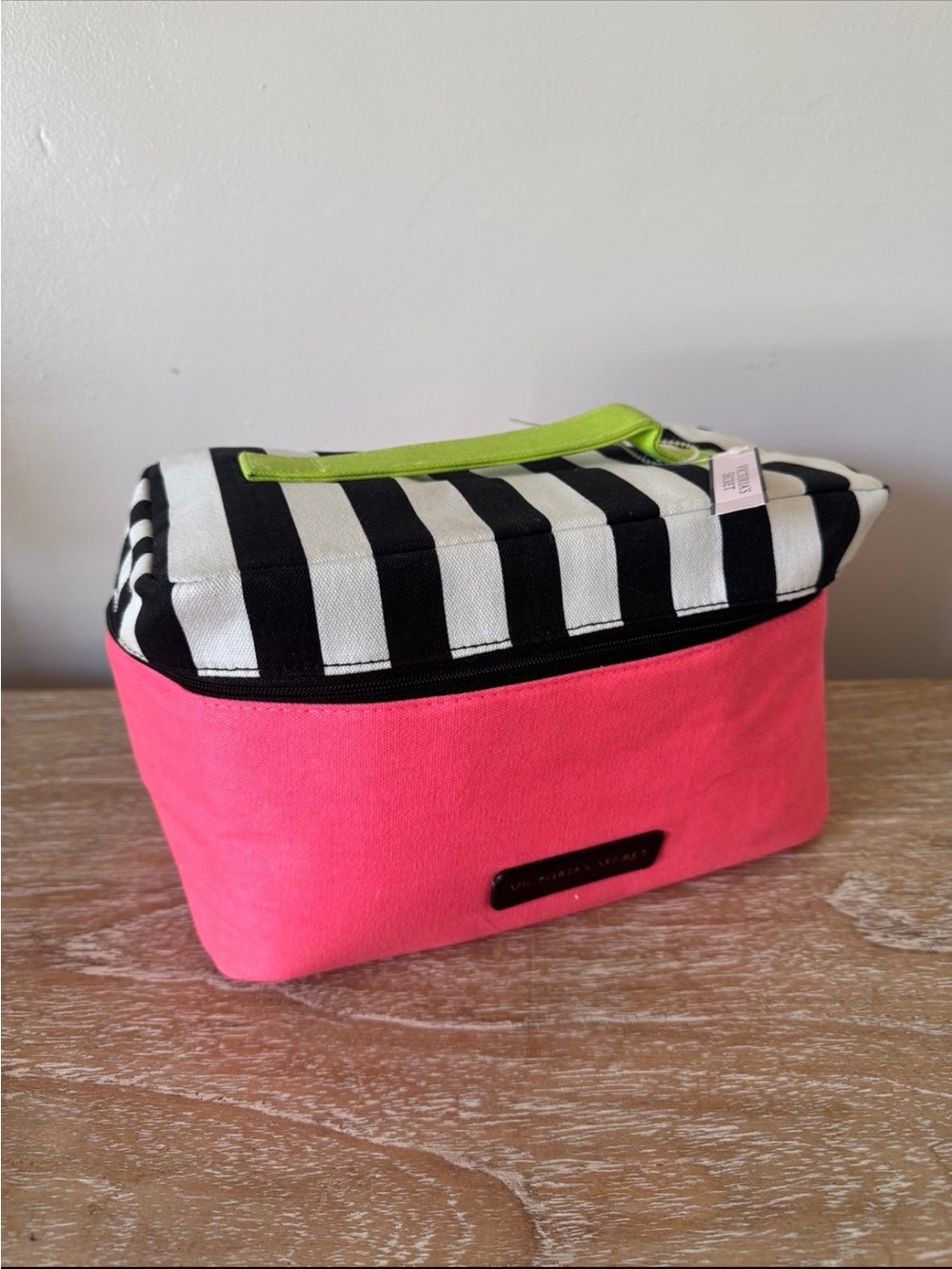 Striped Top Pink Cosmetic Bag with Lime Handle